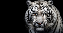 Menacing Stare Of A White Bengal Tiger. Portrait Of White Bengal Tiger On Black Background. Wild Cats Background. Generative AI Tiger Portrait On Black Background.