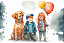 Children With Balloons And Pet. AI Generated.