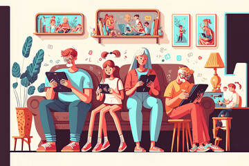 Social Media Internet Addiction Concept in Family Characters. Parents and kids using gadgets, smartphones, and other digital devices while seated at home. Cartoon Illustrations of People. Generative