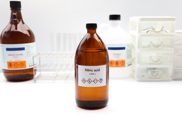 Sticker - Nitric acid in bottle , chemical in the laboratory and industry