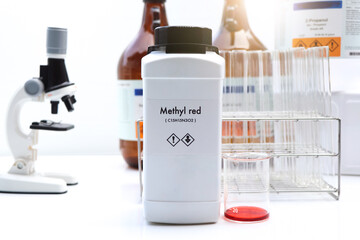 Sticker - Methyl red in bottle , chemical in the laboratory and industry