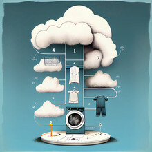 Washing Of Clothes In Clouds, Created With Generative AI Technology.