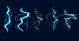 Fototapeta Dinusie - Set of Blue lightning hit effect cartoon style design vector illustration on dark blue background