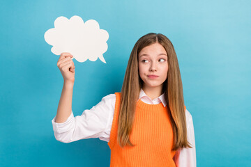 Sticker - Photo of minded cute lady wear stylish clothes showing paper cloud considering question solution answer isolated on blue color background