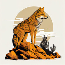 Digital Line Art Illustration Of A Coyote On A Rock, Created With Generative AI