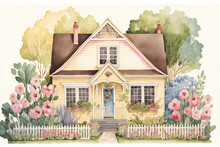 Cute Hand Painted Home Front With Horizontal Siding And A Backdrop Of A Flourishing Flower Garden. Small Watercolor Of A Cottage. Flowers That Are Pink And Yellow Have Green Leaves. Generative AI