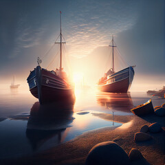 Beautiful bay at baltic sea with two boats on the water with sunset in background, generative ai