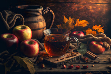 Sticker - a bounty of the autumn harvest. Hot apple tea for a revitalizing start to the day. a hot beverage for the fall. Copy space with a wooden backdrop. Generative AI