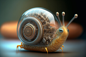 Marine snail with transparent shell made of glass, inside the transparent shell mechanism with motor gears