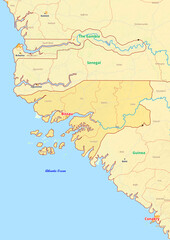   Guinea-Bissau map with cities streets rivers lakes
