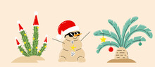 Palm Trees, Cactus And Funny Snowman Made Of Sand On The Christmas Beach. Hand Drawn Vector Illustration. Tropical Xmas Background, Banner.