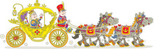 Angry King Riding In His Golden Ceremonial Carriage Pulled By Four Funny Royal Horses, Vector Cartoon Illustration Isolated On A White Background