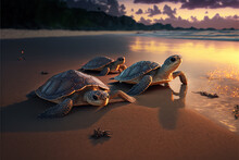 A Group Of Small Turtles On The Beach Sand Walks To The Sea. Selective Focus