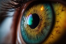  A Close Up Of A Person's Eye With A Bright Green Iris And Yellow Iris Iris In The Center Of The Iris Of The Eye, With A Black Circle Around The Eye And A White Dot.
