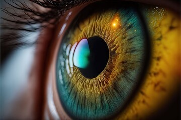  a close up of a person's eye with a bright green iris and yellow iris iris in the center of the iris of the eye, with a black circle around the eye and a white dot., ai, Generative