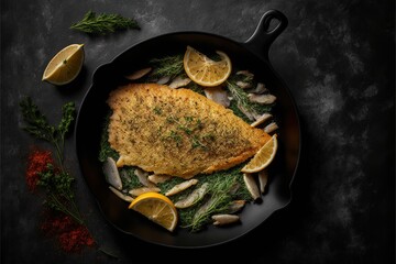  a pan with some fish and lemons on it and some herbs on the side of it and a knife and some spices on the side of the pan with the fish and lemons., ai, Generative