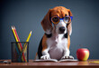 beagle dog as teacher with glasses. Animal near school blackboard..
