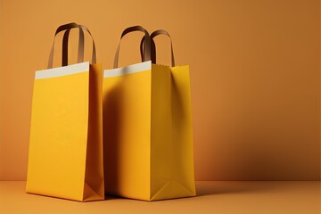 Wall Mural -  two yellow bags with handles on a brown background with a white stripe on the bottom of each bag and a brown handle on the top of the bag, with a white stripe on the. Generative AI