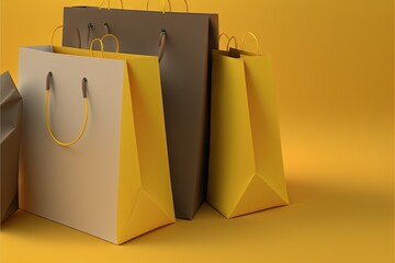 Wall Mural -  three bags of different colors are on a yellow background with a black one in the middle of the bag and the other in the bag is brown one in the middle of the bag,. Generative AI