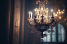  A Chandelier Hanging From A Ceiling In A Room With A Chandelier In It And A Window In The Background With A Light Shining On The Ceiling And A Window With A Curtain.