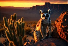  A Small Animal Sitting On Top Of A Rock Next To A Cactus Plant In A Desert Area With A Sunset In The Background And A Mountain Range In The Distance With A Red Sky With.