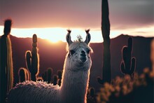  A Llama Standing In A Field Of Cactus At Sunset With A Head Of A Plant In The Foreground And A Mountain In The Background With A Sky With A Few Clouds And A.