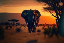  An Elephant Walking Through A Field With Trees In The Background At Sunset Or Dawn With A Sky Background And A Few Clouds In The Sky Above It, With A Few Trees And A Few., Ai, Generative
