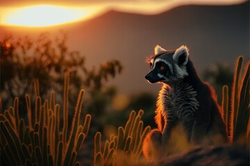 Canvas Print -  a small animal sitting in the grass near a bush at sunset or dawn with mountains in the background and a sun setting behind it, with a blurry sky and a few clouds,., ai, Generative Generative AI