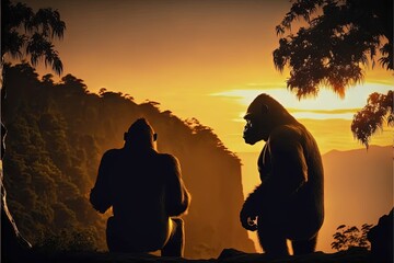  two people standing in front of a sunset with a gorilla on the other side of them, facing each other, with a mountain in the background, and a silhouette of a forest,., ai, Generative