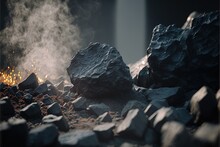  A Pile Of Rocks With A Lot Of Fire Coming Out Of Them On Top Of Them In The Middle Of A Room With A Black Wall And White Wall In The Background And A Black., Ai, Generative