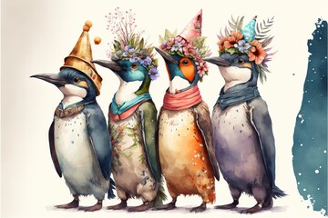 Poster -  three birds wearing hats and flowers on their heads are standing in a row with one another and the other is wearing a birthday hat and the other is wearing a flower crown on its head., ai, Generative