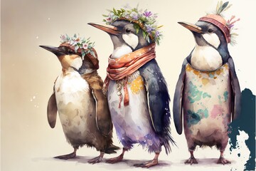 Poster -  three penguins with flowers on their heads and scarfs on their heads, one of them is wearing a scarf and the other is wearing a scarf with a flower crown on its headband., ai, Generative