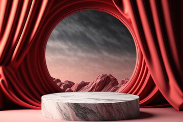 Red marble platform surrounded by silky curtains. Generative AI.
