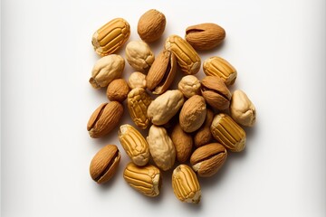 Poster -  a pile of nuts on a white surface with a white background and a white background with a white border around the nuts, and a few nuts in the middle of the nuts, and the top.