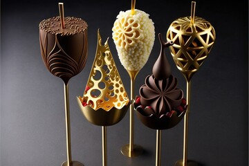 Sticker -  a group of chocolate covered desserts on sticks on a table with a black background and a gold stand with a chocolate covered dessert on it's top and a black background with a.