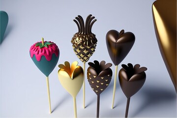 Sticker -  a group of chocolate lollipops with hearts and pineapples on them, all in different colors and shapes, on a white background with a gold and silver border, with a shadow.