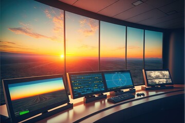 Poster -  a desk with three monitors and a keyboard on it with a sunset in the background and a window with a view of a highway and a plane in the sky with a plane on the., ai, Generative