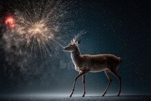  A Deer Standing In The Snow With Fireworks In The Background And A Red Light In The Sky Above It, With A Black Background And White Background With Stars And A Red Light Up In The.