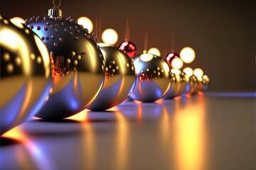 Wall Mural -  a row of shiny christmas ornaments on a table with a black background and a yellow and red one in the middle of the row of the row is a row of shiny balls with a.  generative