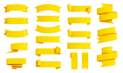 ribbon banner 3d render set - collection of yellow glossy text box for sale or discount promotion si