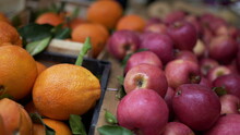 Fruits On Display At Food Market, Apples, Tangeries, Oranges For Sale