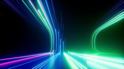 Wall Mural - 3d animation. Abstract neon background with blue green glowing lines sliding up. Futuristic animated wallpaper