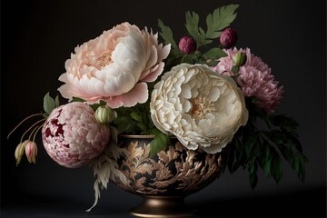 Poster -  a vase filled with lots of flowers on a table top next to a wall with a black background behind it and a few pink flowers in it, and one of the middle of the.