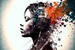 A colorful painting of a woman wearing headphones, with vibrant color splashes on a white background, generative ai