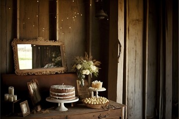 Canvas Print -  a table with a cake and a mirror on it with lights strung above it and a vase with flowers on it and a mirror on the wall above it with lights above it and a.