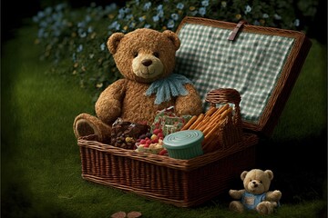 a teddy bear sitting next to a picnic basket with food in it and a teddy bear sitting next to it in 