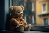  a teddy bear sitting on a window sill in the rain looking out the window at the street outside of the window, with a building in the background, and a rain falling,.