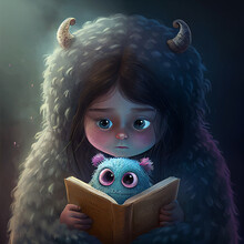 Little Girl Reading A Book With A Little Monster Friend