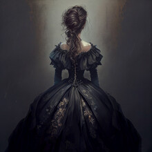 Rear View Of Woman In Long Black Gothic Dress