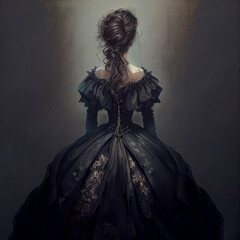 Rear view of woman in long black gothic dress